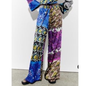 Zara Multi Colored Patchwork Print Wide Leg Pants